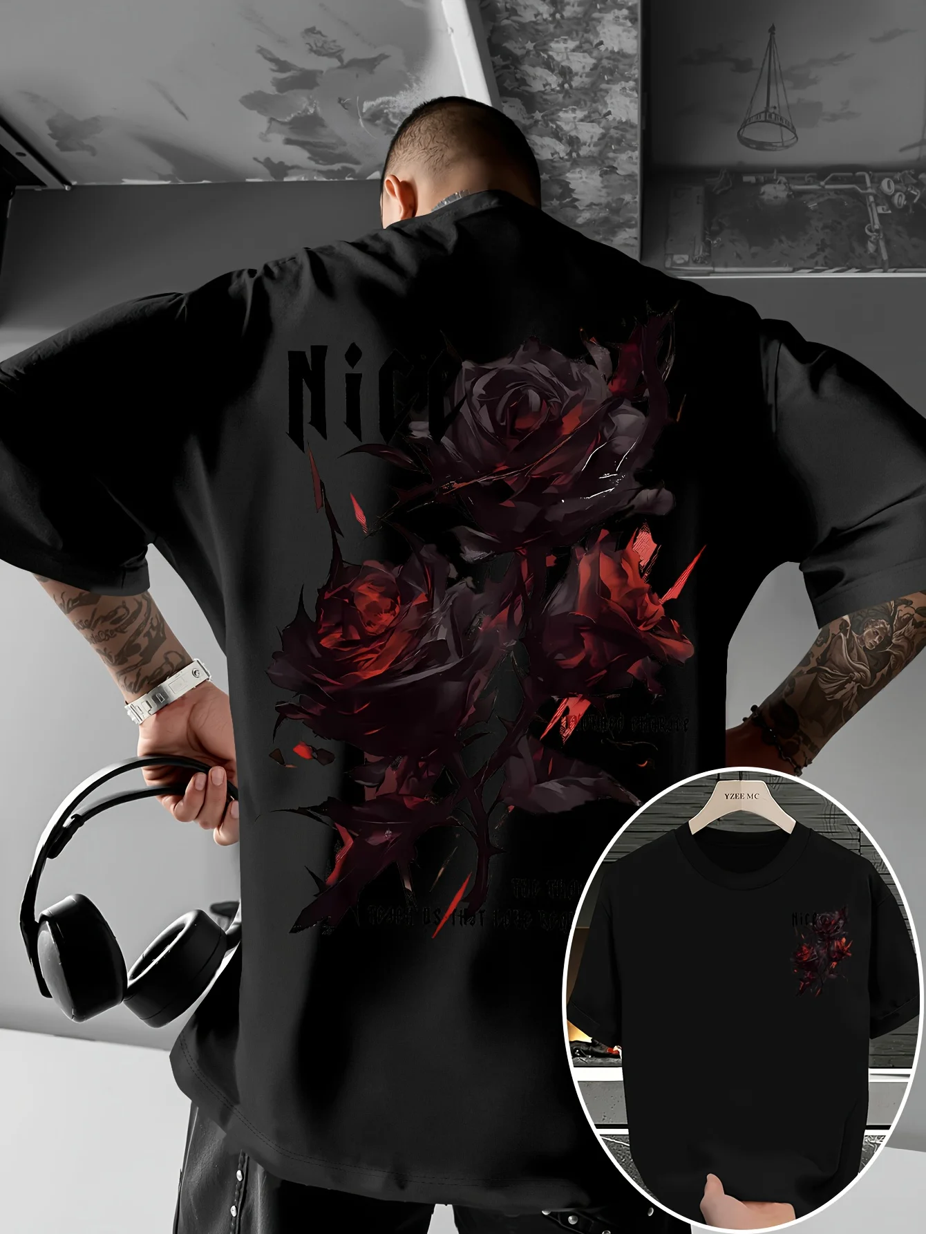 2026 New Style Men's Short-Sleeved Retro Style Rose Embroidery Letter Print Pattern T-Shirt