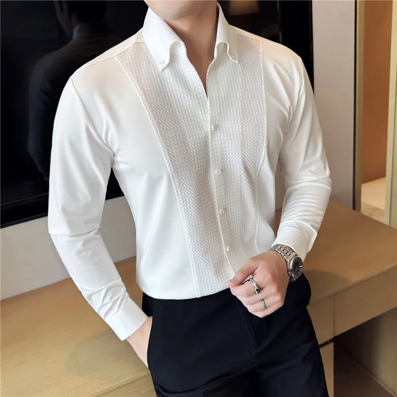 New Patchwork Solid Color Men's Shirts Fashion V-neck Long Sleeved Casual Shirt Elastic Traceless Business Formal Dress Shirts