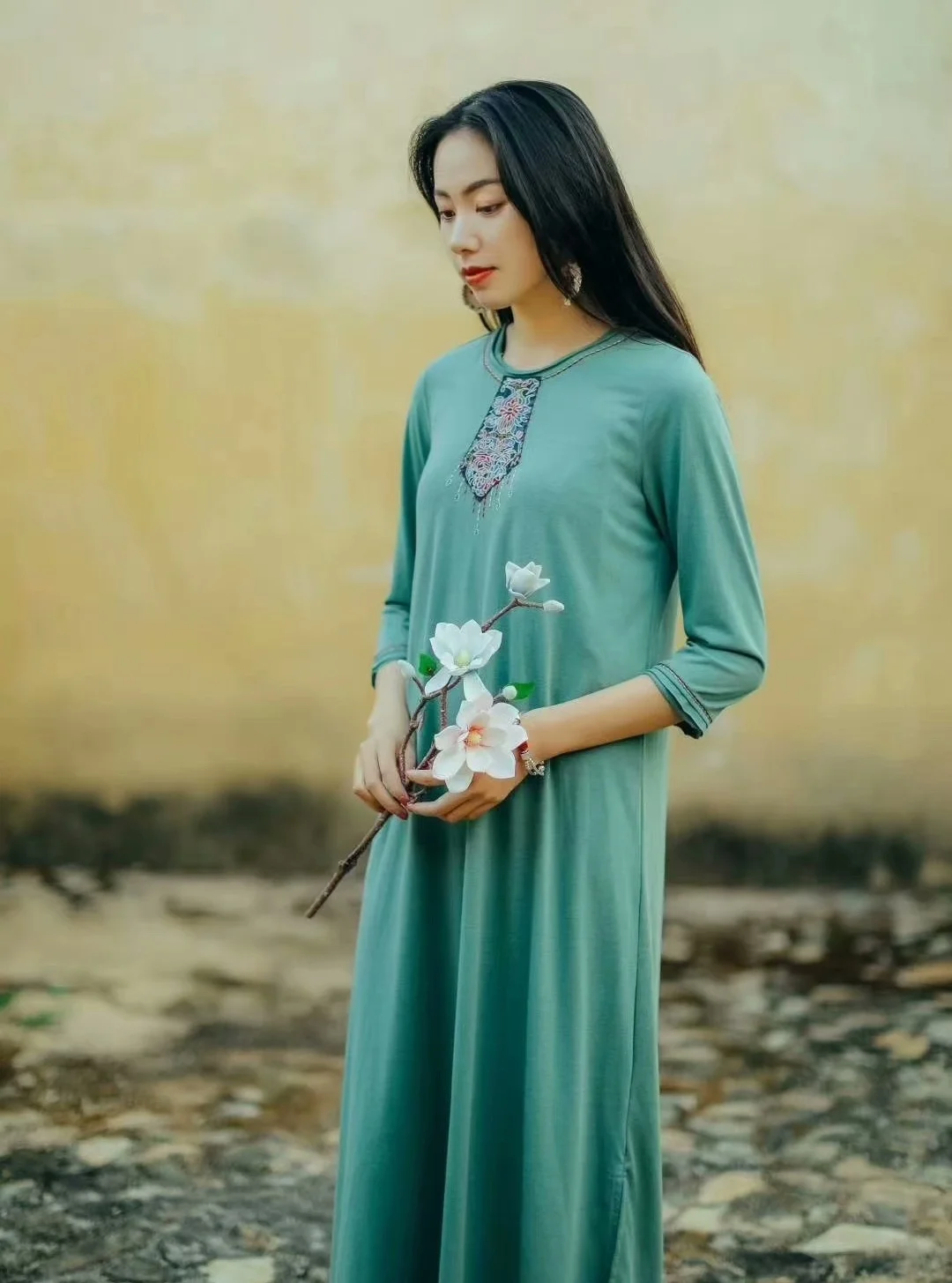 TOP Vintage embroidery bamboo fiber loose dresses Fashion casual O-Neck pullover green long dress