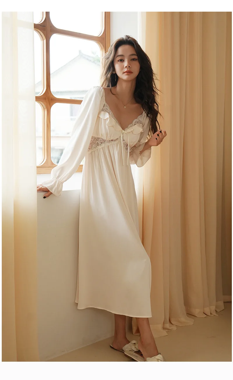 New Ladies French Vintage Princess Sexy Sleepwear Women Long Pajama Nightdress Fairy Ruffles Lace Nightgowns Silk Dress Women