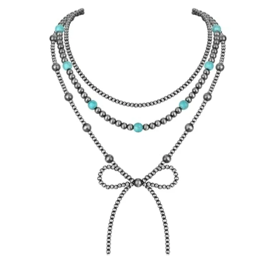 

3PCS Navajo Pearl Necklace for Women Western Necklaces for Women Stackable Cowgirl Navajo Pearl Bow Necklace