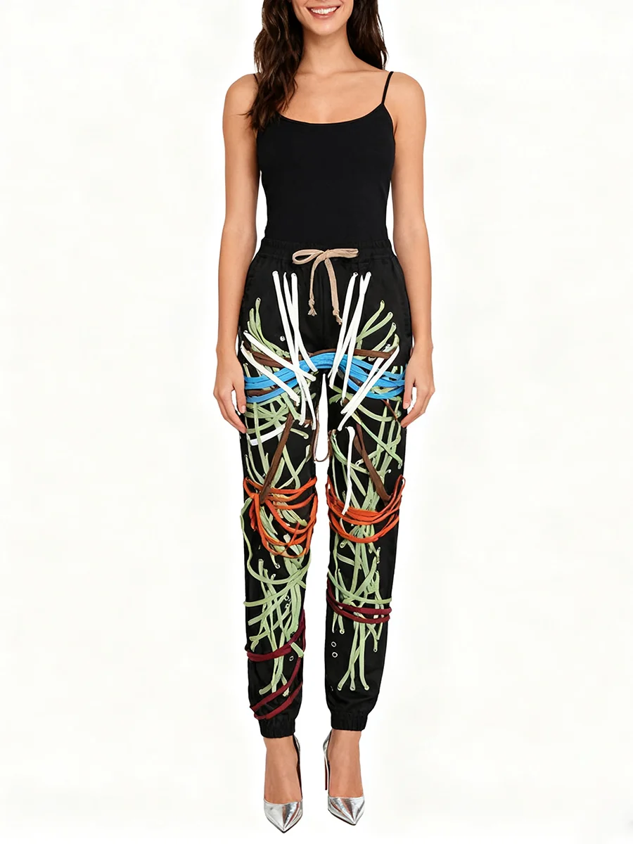 TWOTWINSTYLE Fashion Spliced Lace Up Design Sense Pants for Women High Waist Patchwork Metal Ring High Street Pant Female New
