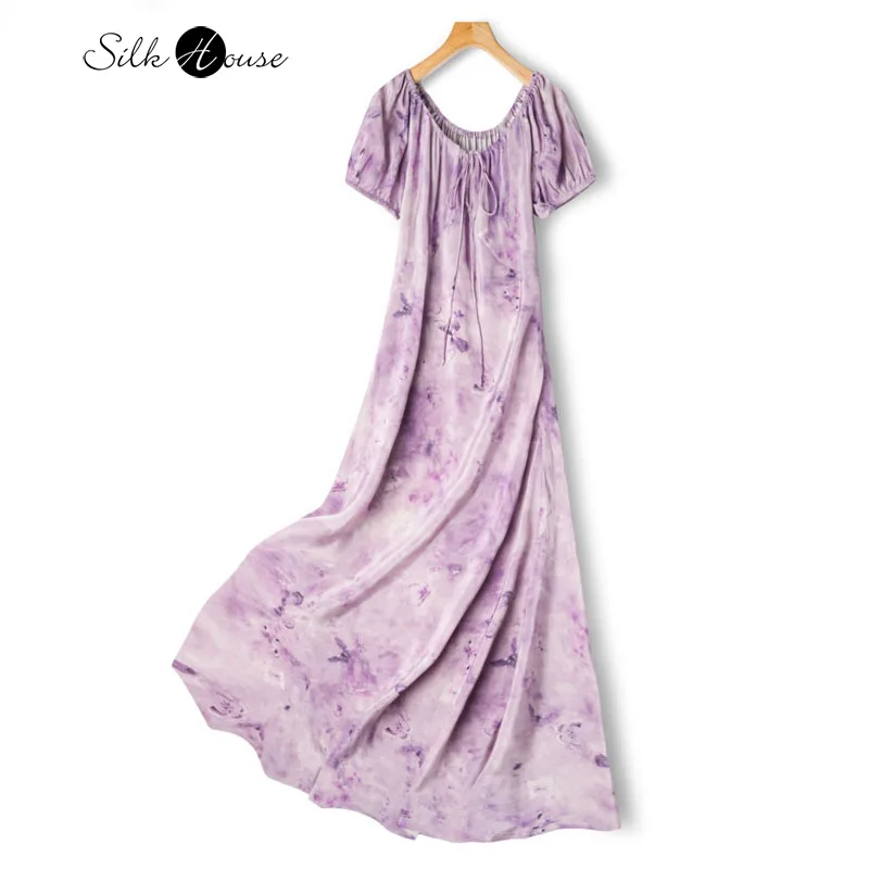 

French Style New 100% Natural Mulberry Silk Crepe De Chine Diagonal Cut Lace Up Purple Butterfly Print Short Sleeved Dress