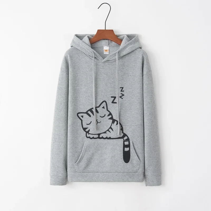 Sudadera con capucha de orejas de gato para mujer, jersey de manga larga con estampado de gato, Top informal, viaje diario, Invierno