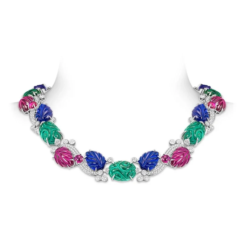 Bellux Fancy Color Carving Gemstone Red Green Blue Leaf 925 Pure Silver Luxury Banquet Party Fine Jewelry Necklace