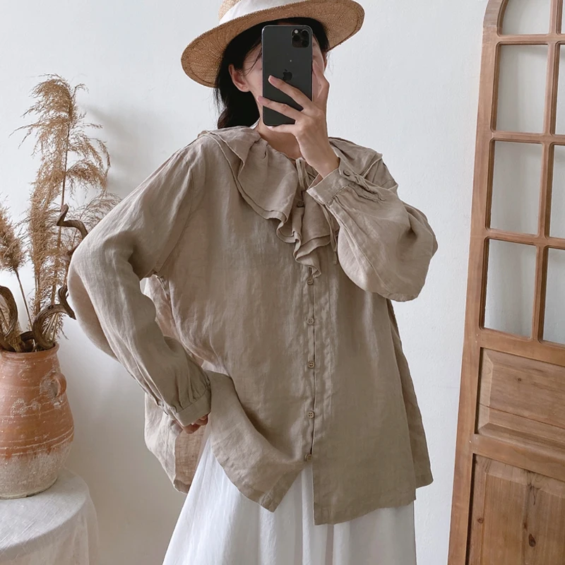 Johnature New Linen Big Ruffles Collar Women Shirts 2024 Apring Autumn Solid Color Loose Vintage All Match Button Female Blouses