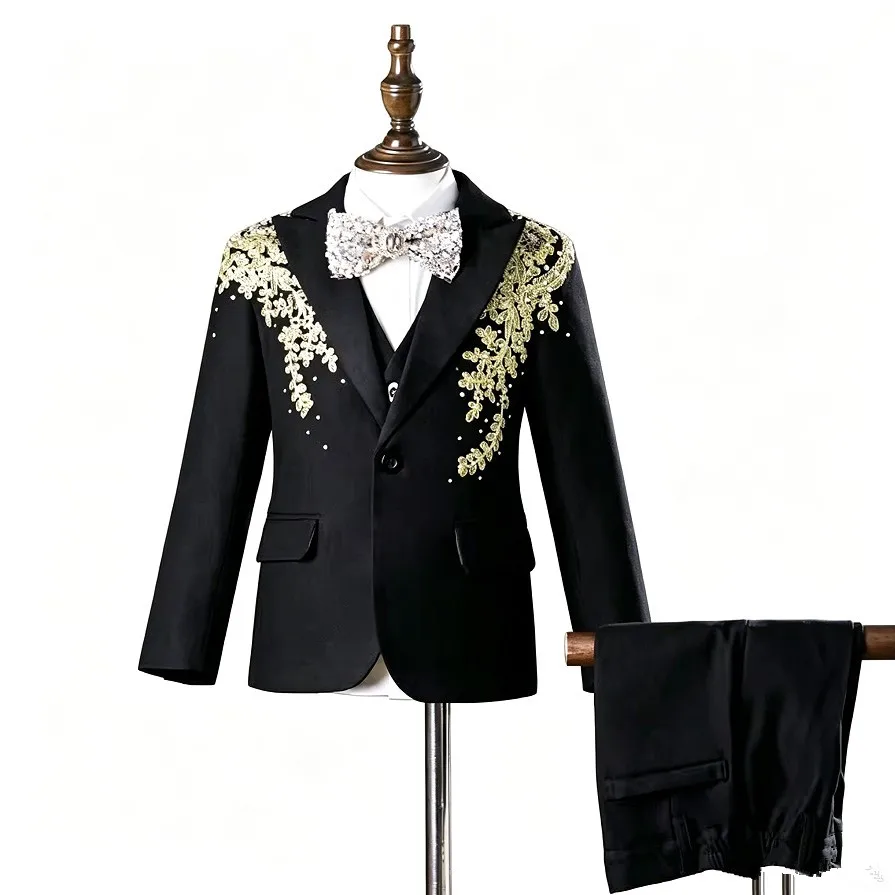 Boys Luxury Tuxedo Suit Kids Gold Lace Embroidery Blazer Vest Pants Set Wedding Party Piano Performance Costume Suit A4773