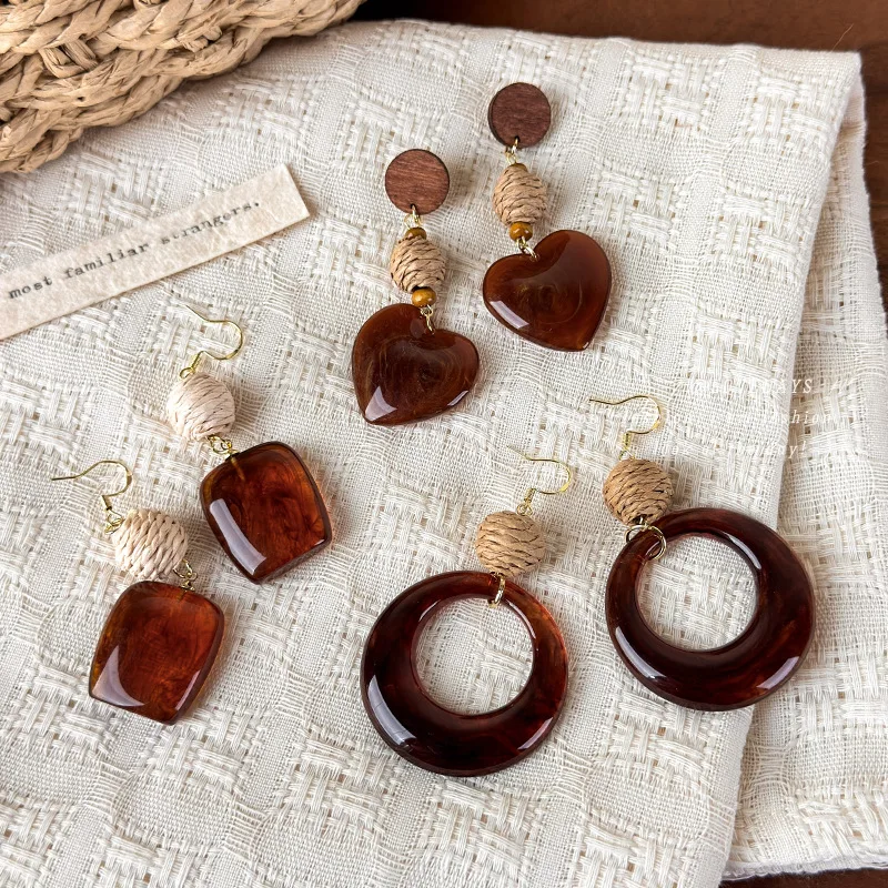 Earrings Maillard Retro Resin Straw Woven Wood Bead Splicing Amber Pattern Long Dangle Vacation Style Women Lightweight Party