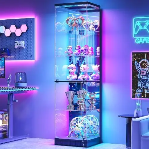 67''H Corner Curio Cabinet - with Glass Door, Lockable Glass Display Cabinet with RGB Motion Sensor Light, 5-Tier