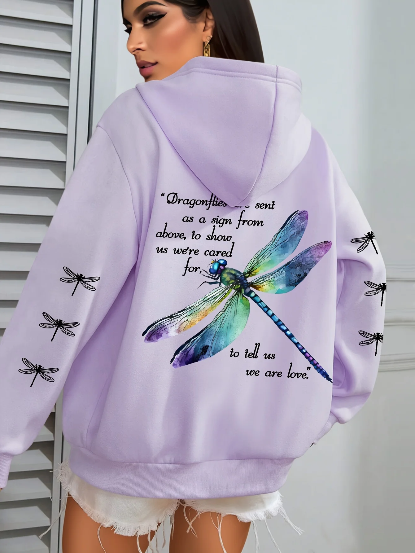 [Taglia Plus] Felpa con cappuccio con stampa libellula - Felpa verde a maniche lunghe taglie forti con tasca e citazione ispiratrice - Casual da donna