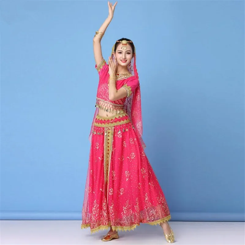 Indian Costumes Set Bollywood Belly Dance Stage Performance Chiffon Top Waist Chain Skirt Women Props