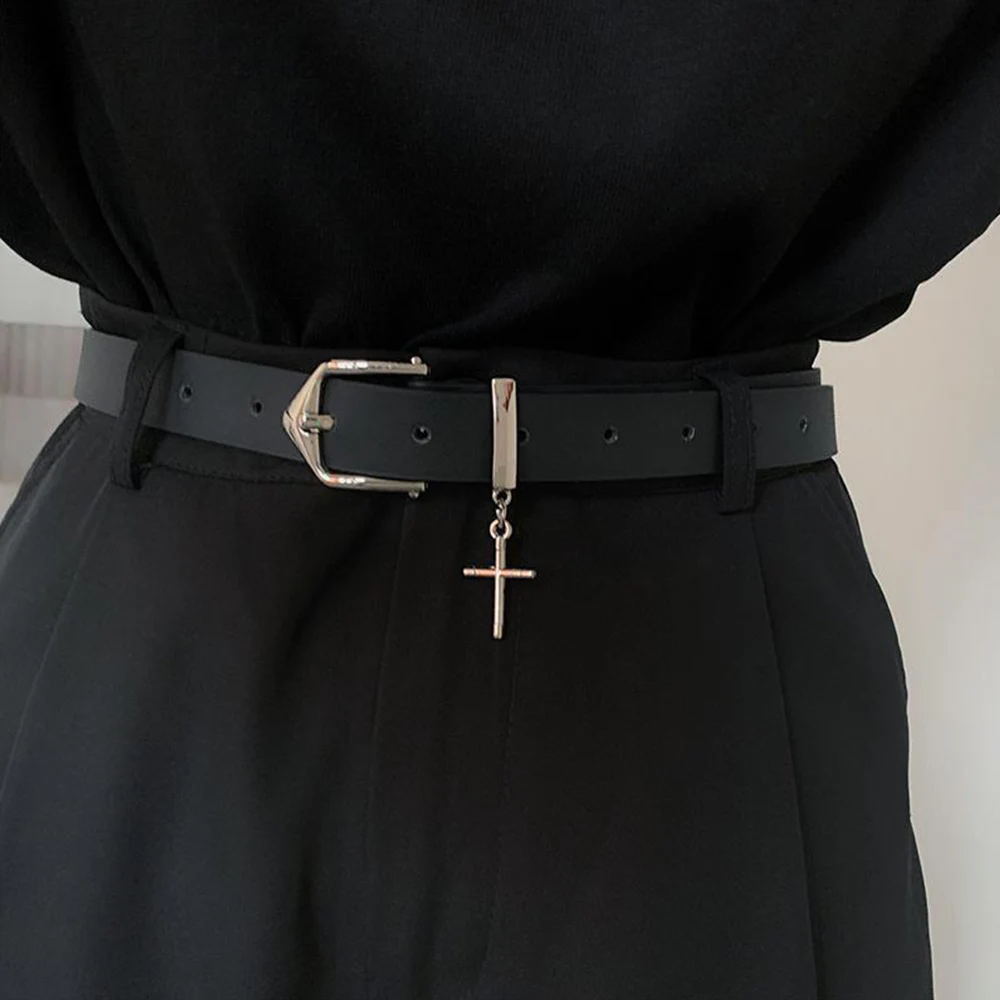 Women Slim Belt Punk Cross Pendant Jean Pants Belt Decorative Waistband PU Leather Men's Y2k Pointed Metal Pin Buckle Belt