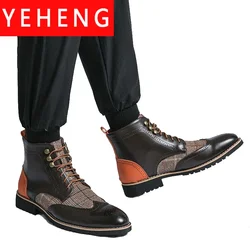 2025 New Men's Chelsea Short Boots Brown Block Lace-up Round Toe Flock Gingham Business Vintage Casual Boots Handmade Big Size
