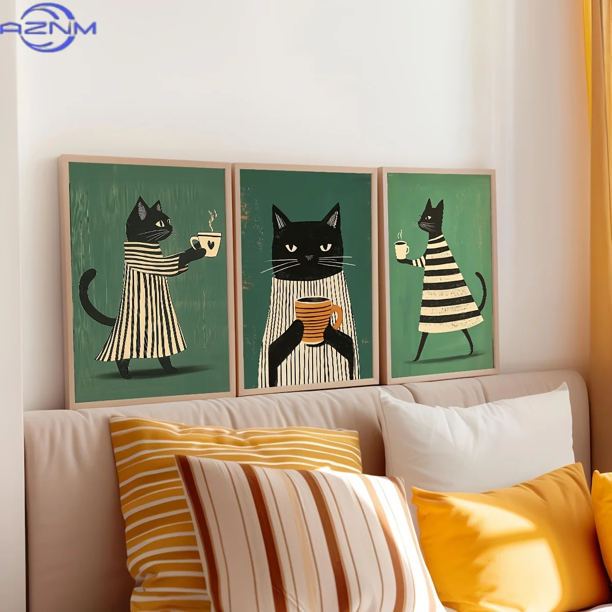 3pcs/Set Minimalist Black Cat Print Chilling with Coffee Wall Art Print, Green Minimalist Art Poster, Vintage Quirky Wall Art, B