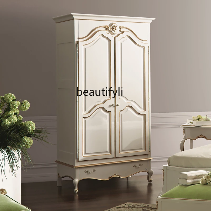 

European solid wood carving flower gold-painted wardrobe bedroom two-door large wardrobe simple locker