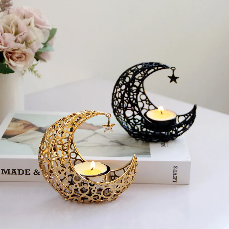 10.5CM light luxury crescent moon star moon black gold metal candle holder modern romantic wedding wedding Christmas candle cup