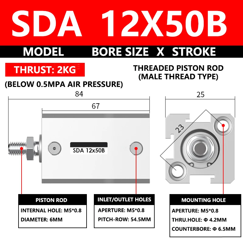 ABILKEEN SDA12X50B SDA Series Thin Air Cylinder 12MM Male Thread Bore X 50MM Stroke Double Acting Pneumatic Compact Cylinder