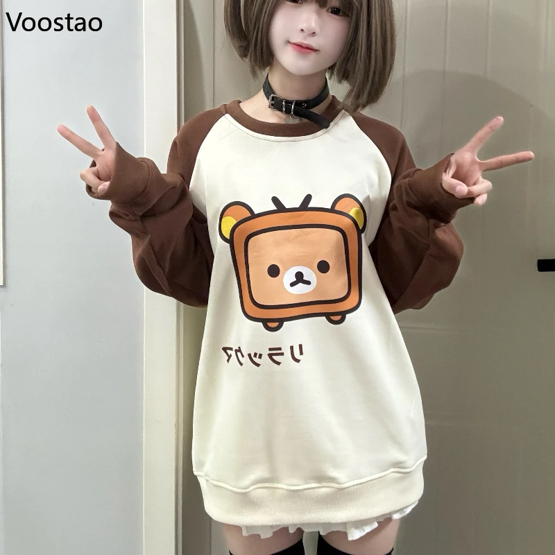 Japanese Kawaii Lolita Bear Print O-Neck Sweatshirts Autumn Women Y2k Grunge Long Sleeve Loose Pullover Girls Sweet Hoodies Tops