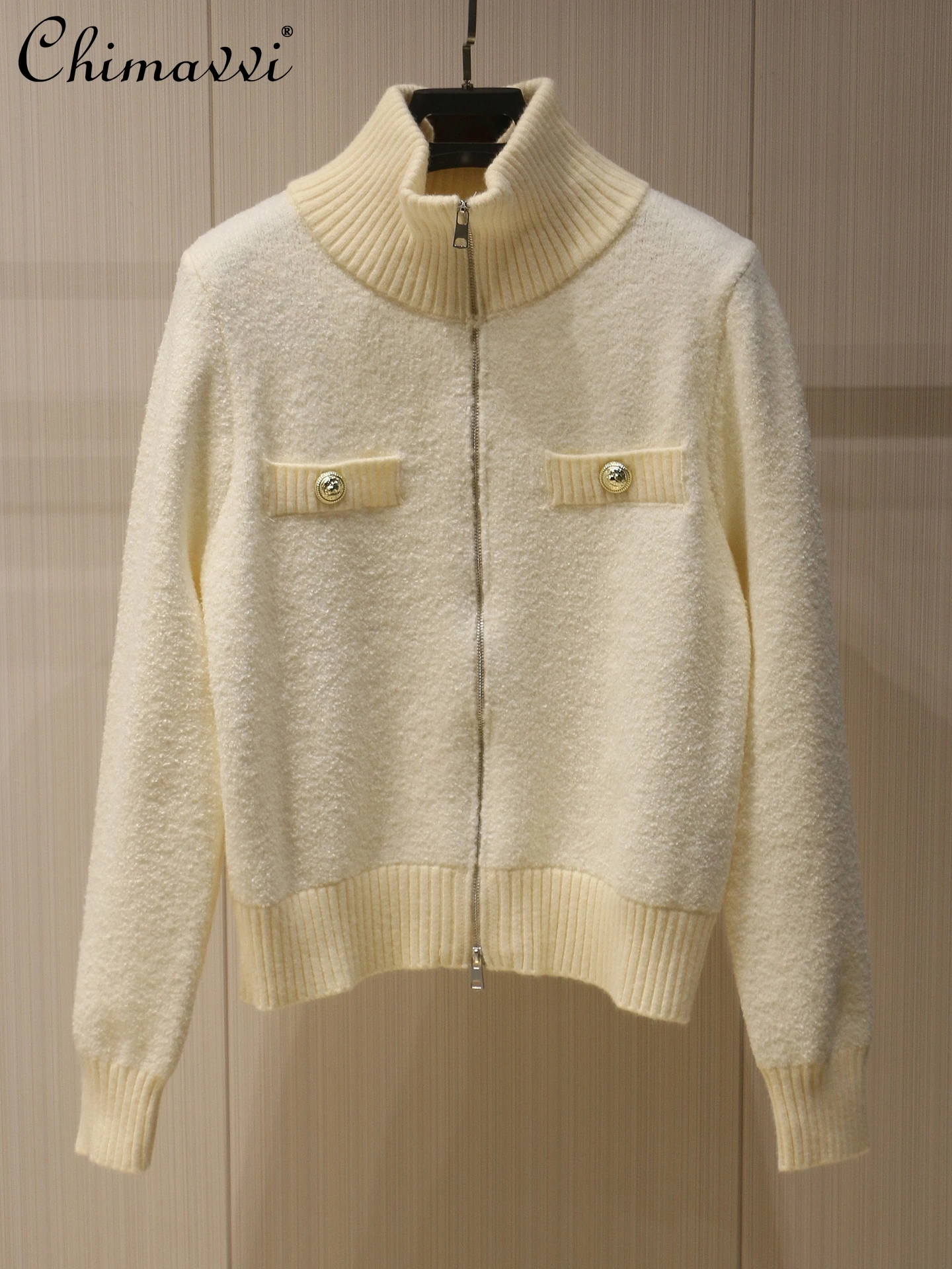 

High-End Fashion Stand Collar Zipper Knitted Cardigan Women New Autumn and Winter Gold Buttons Elegant Versatile Sweater Coat
