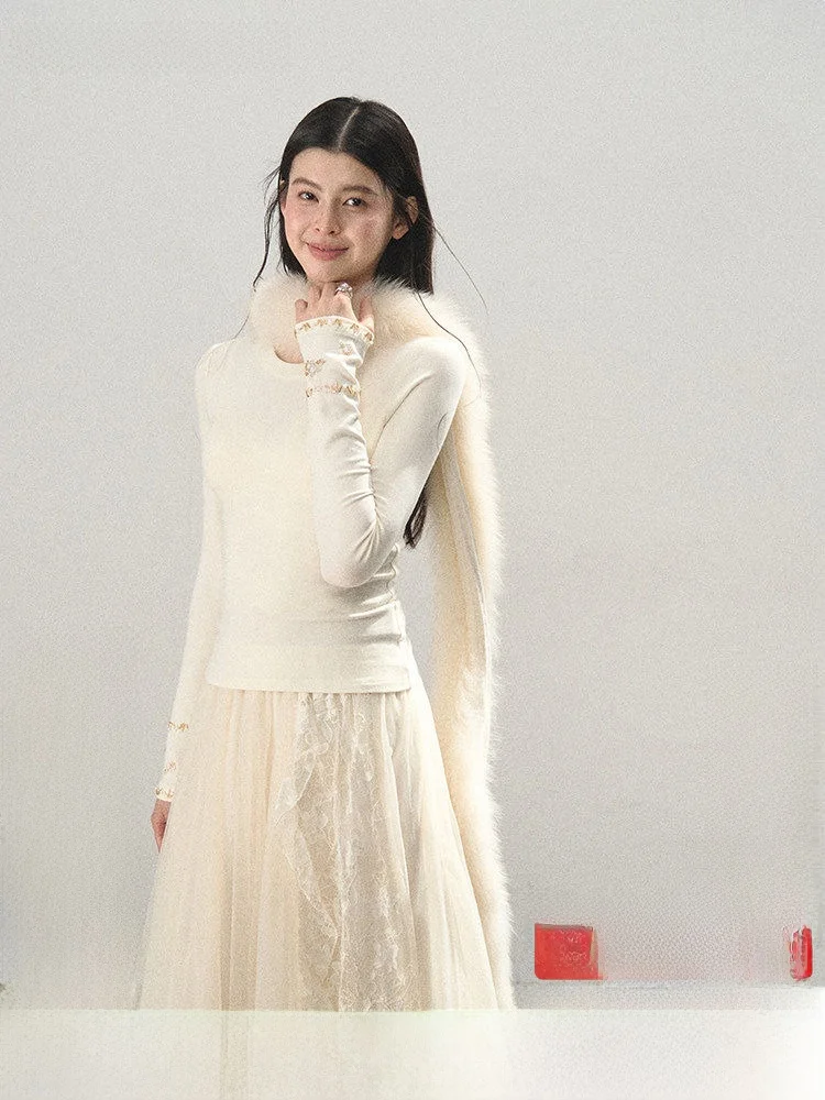 

Lulusmiracle White Long Sleeve round Neck Fitted Base Shirt Women's Inner Warm Tight Top Cotton French Style Daily Wear