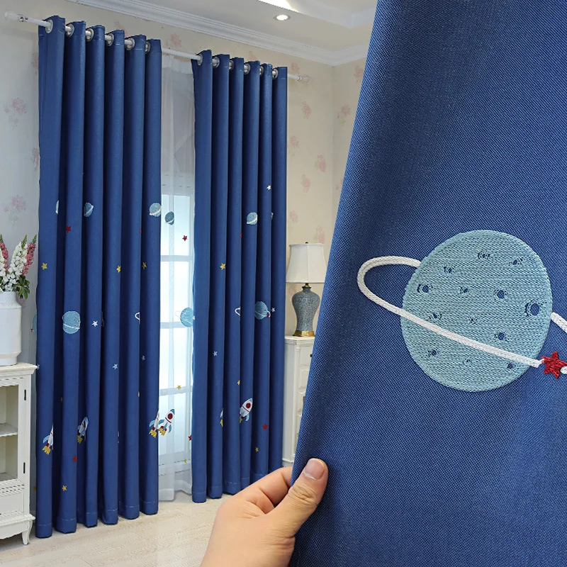 Cartoon Outer Space Rocket Embroidered Voile Curtain For Kids Bedroom Living Room Sheer Window Drapes Luxury Children Blackout