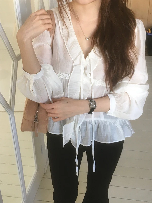 

Spring Korean Style Sweet Atmosphere Women's Shirt Lace Trim Semi-Transparent Design Sense Tie Dye Fairy Top Trendy