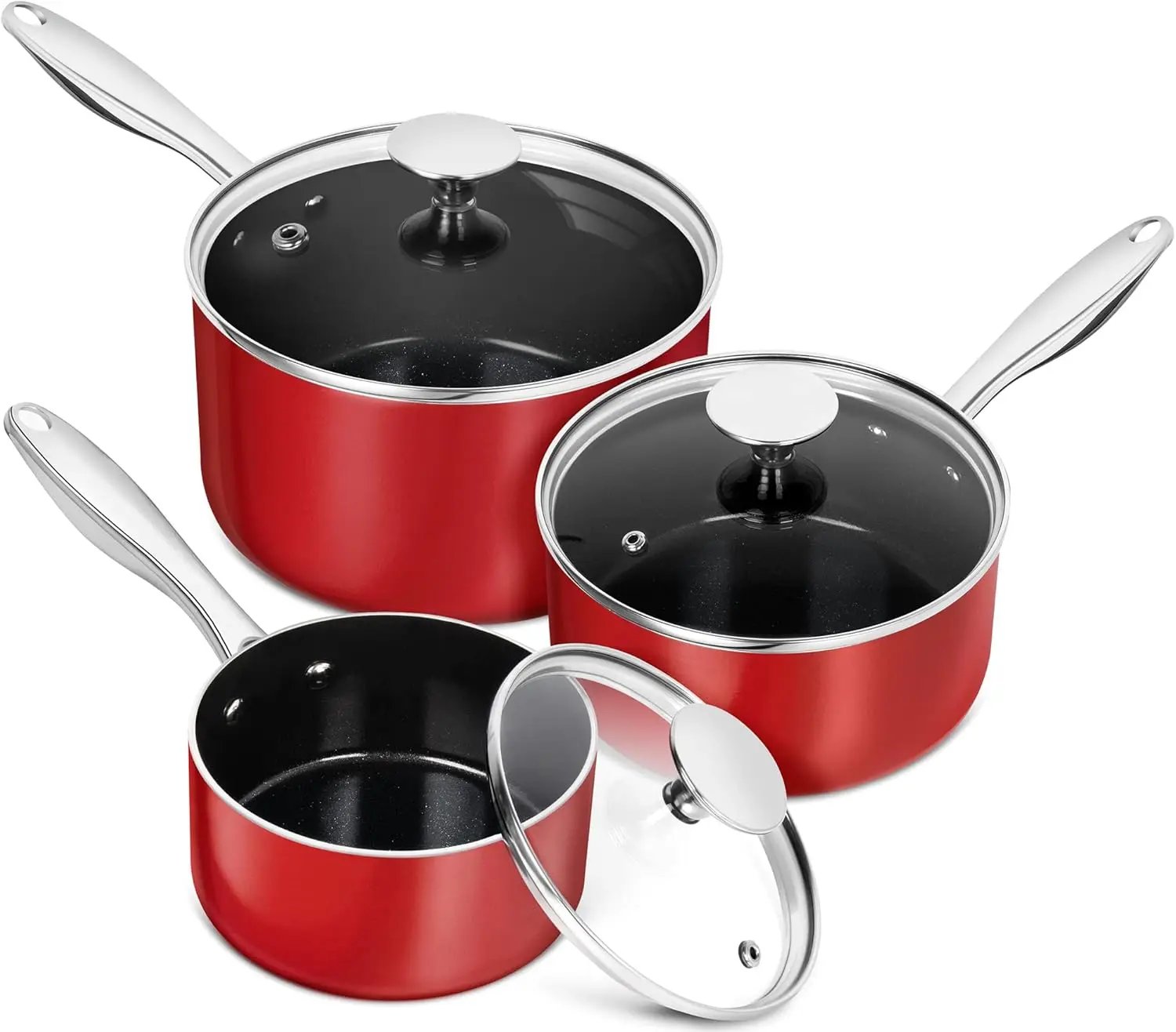 Sauce Pan Sets, Ceramic Saucepans with Lids, 1Qt & 2Qt & 3Qt Sauce Pans with Lid, Nonstick Saucepan Set with Stainless Steel Han