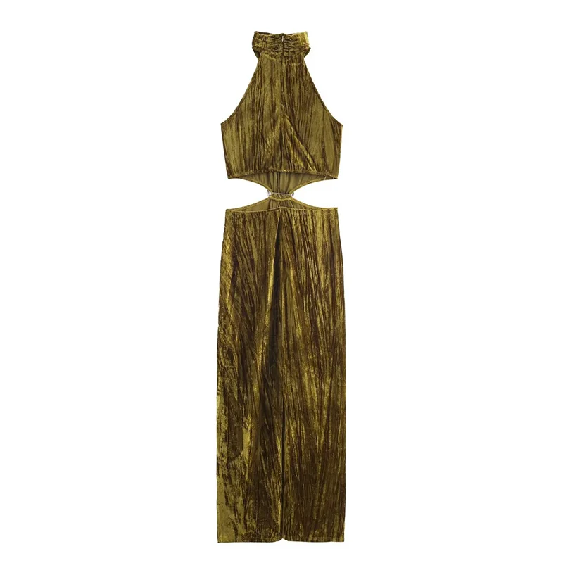 فستان نسائي لخريف 2025 فستان ميدي ذهبي بدون أكمام بتصميم جديد مع زخرفة جوهرة وخصر مقصوص أنيق ورشيق