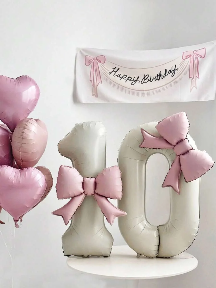2 Stück 40-Zoll extra große cremeweiße Zahlen-Folienballons mit rosa Schleife, für Geburtstagsfeiern, Jubiläumsfeiern – Detail 4