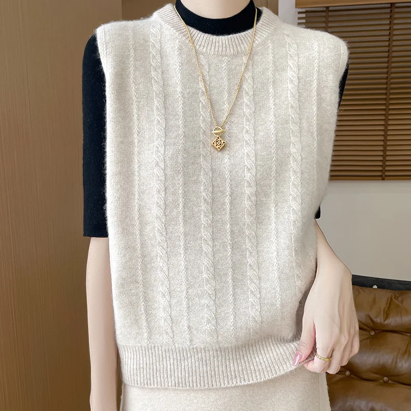 Fall/winter new 100% pure wool vest female O-neck loose thick sleeveless jacquard sweater knitted cashmere sweater