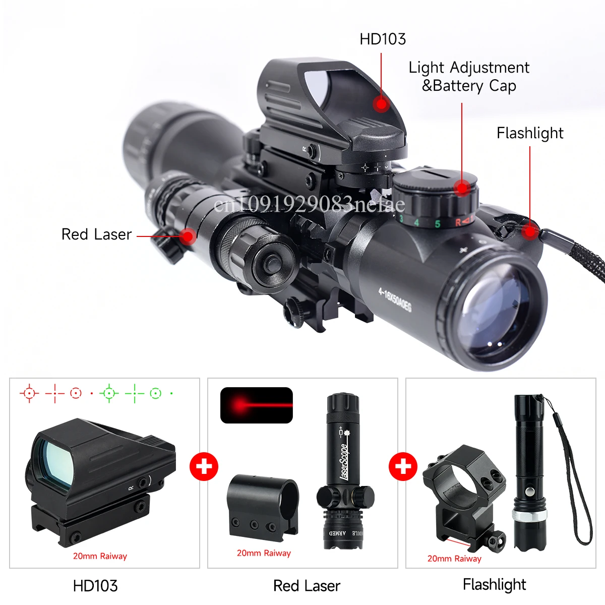 4-16X50AOEG with HD103 Red Dot Sight Green/Red 4-point Sight Tactical Reflex Adjustable Zero Viewfinder for Hunting Gear Combo