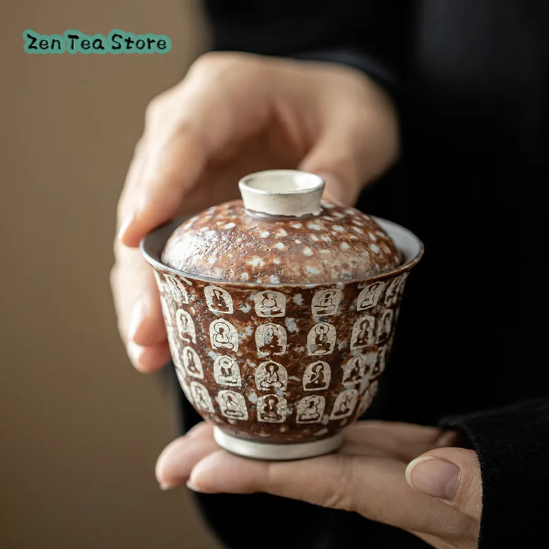 Dunhuang Million Buddha Silver Erai Cover Bowl Handmade Rough Pottery Old Rock Mud Retro Tea Bowl Kung Fu Tea Set