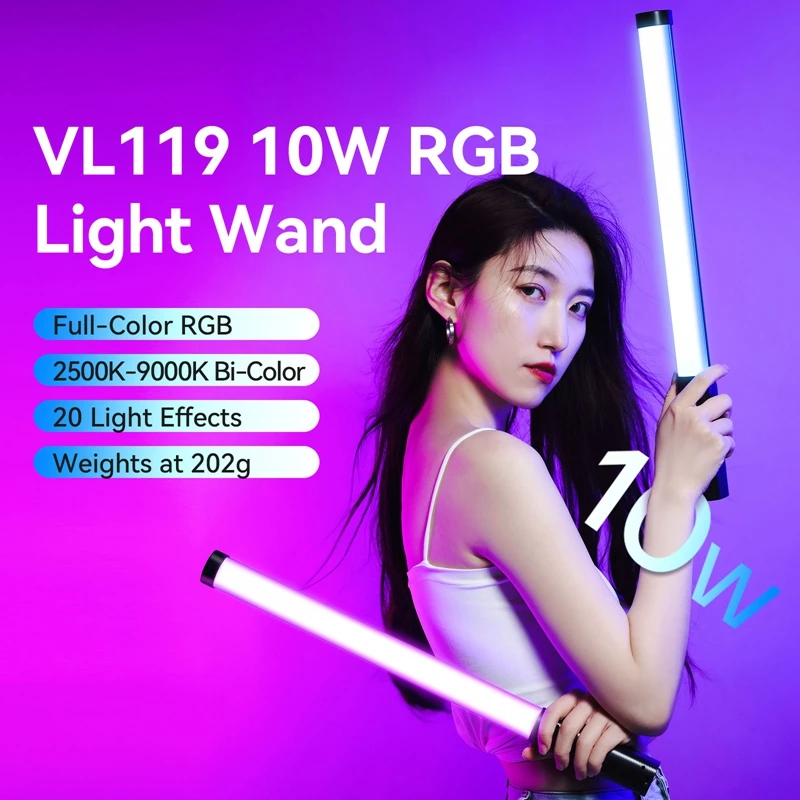 Ulanzi Upgraded VL119 10W RGB Light Wand Stick Light Handheld Stick for Protrait Photography Live Streaming with Type-C Charging