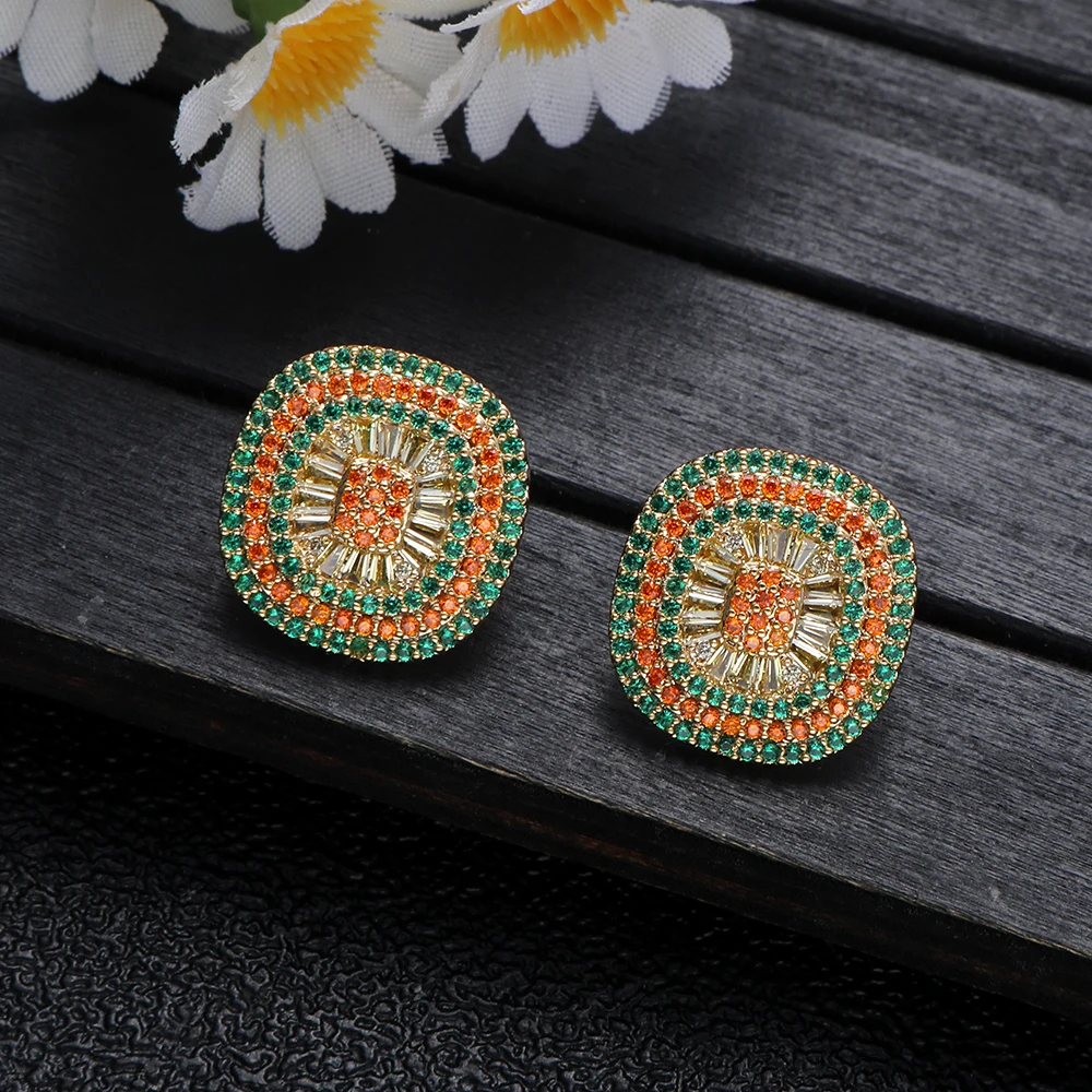 Vintage Textured Copper Inlaid Mixed Color Spinel Zirconia Earrings Elegant Jewelry Accessory For Women Wedding E1708
