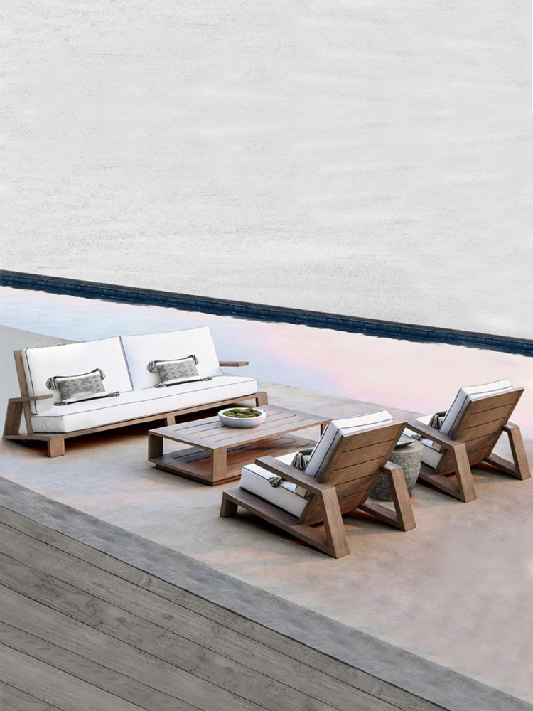 

Outdoor Sofa Courtyard Teak Sofa Hotel Clubhouse Villa Garden Terrace Outdoor Leisure Solid Wood Sofa Furniture