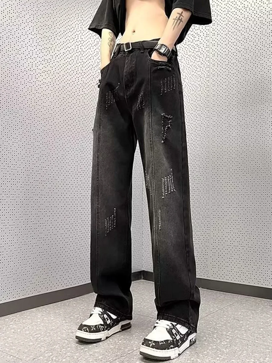 

Bla Faded Denim Jeans Men's Loose Straight Leg Pants Versatile High Street Sle Casual Long Trousers Autumn Trendy Brand