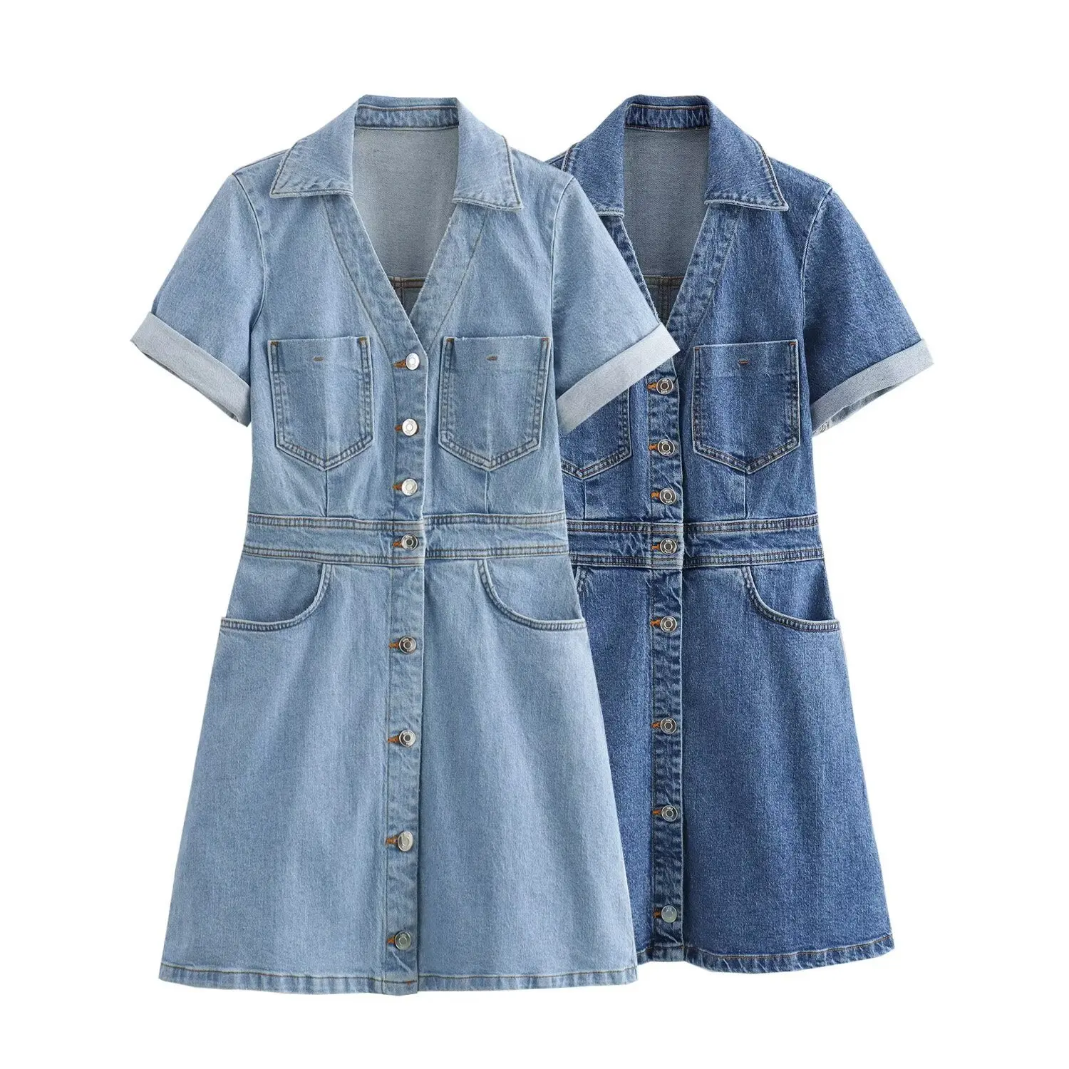 

Women's 2024 Summer New Fashion Trend Lapel Short Sleeve Button Decorated Denim Mini Dress