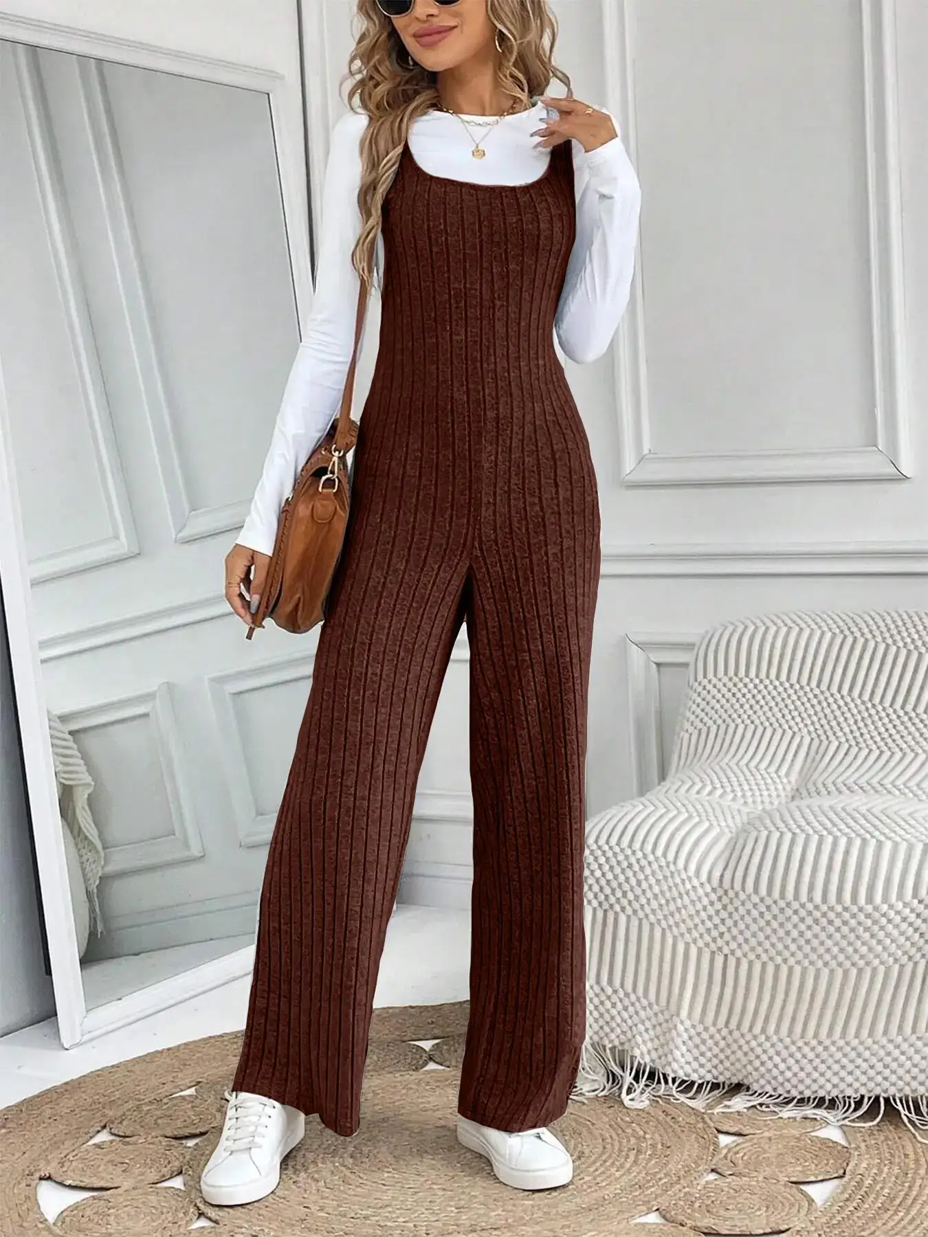 

Вязаный комбинезон ручной работы с перекрестными бретелями, облегающий комбинезон в минималистичном корейском стиле, приталенный комбинезон на бретелях