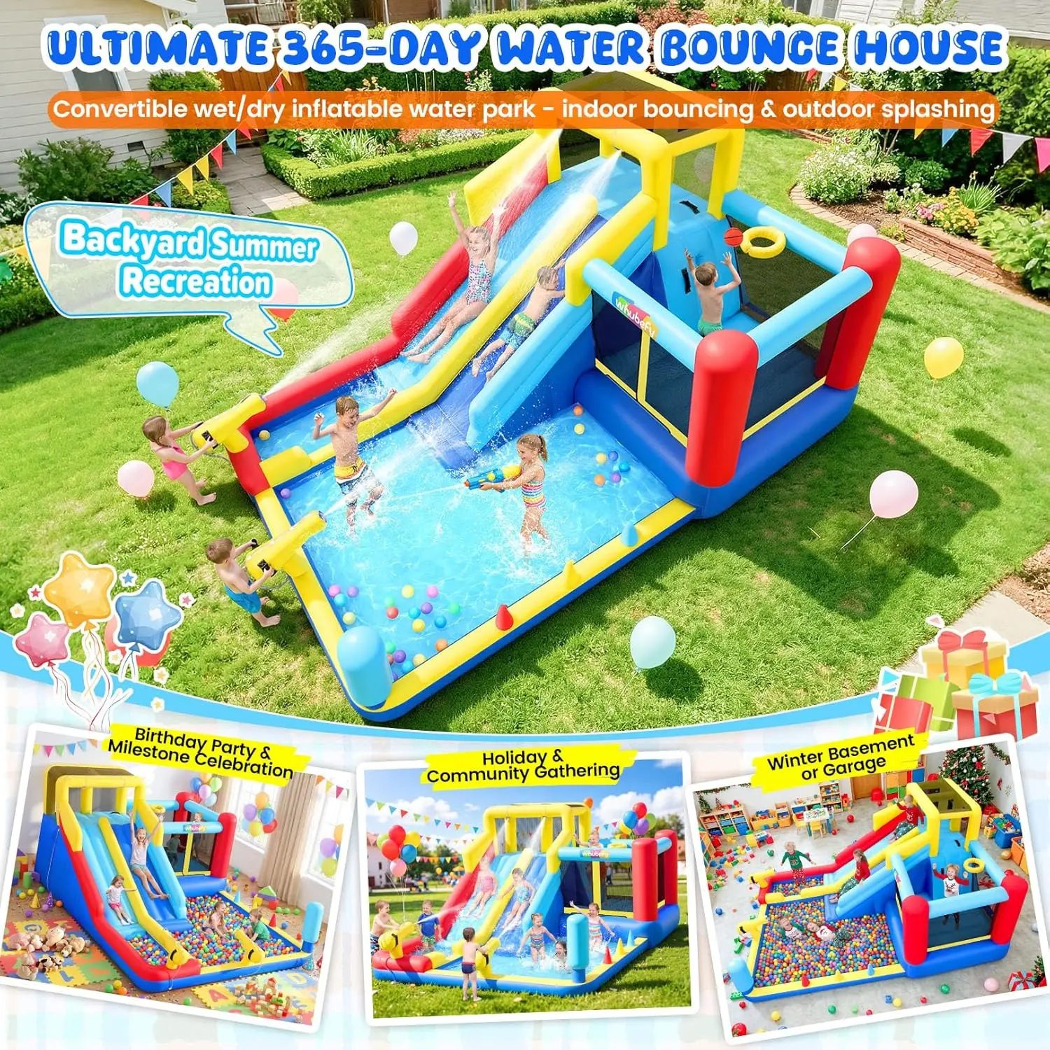 15-in-1 Inflatable Water Park for Kids Backyard with Double Water Slide and Bounce House, 14x10.4x6.7FT Includes Blower, Ring Toss, Boxing Game, Large Jumping Area, Basketball Hoop, Climbing Wall, Water Cannons, Pools