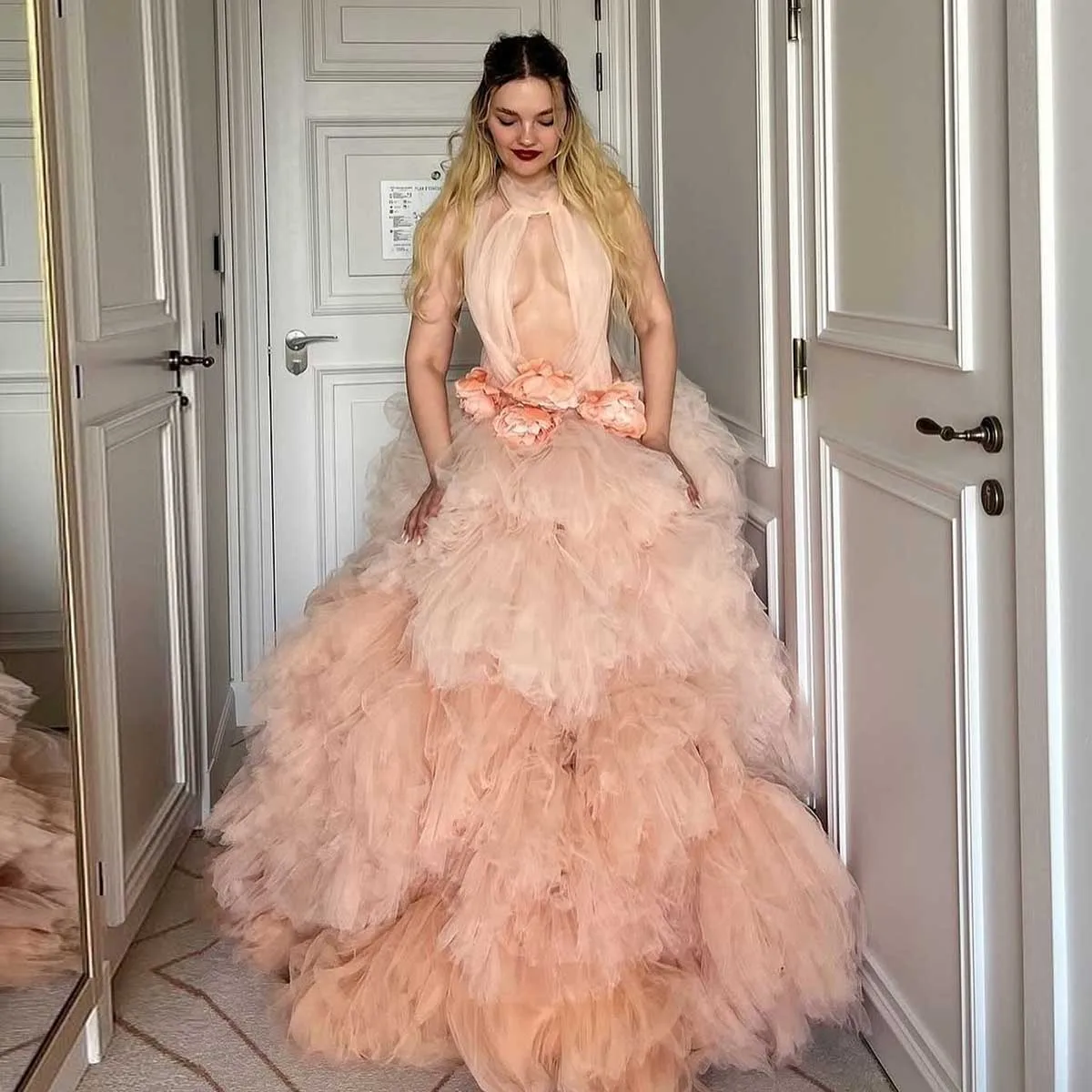 Vestido romântico de tule com camada rosa pêssego, sexy, costas nuas, malha inchada, sessão de fotos de casamento, chá de panela, vestidos de festa femininos