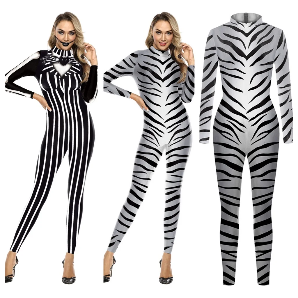 Macacão zebra impresso em 3D para adultos, traje cosplay de Halloween para mulheres e homens, listras preto e branco, animais, festa dançante, vestir-se