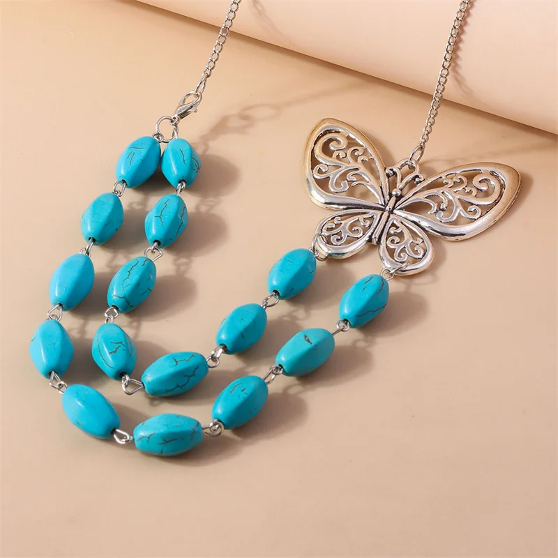 Aihua Bohemia Turquoise Stone Butterfly Necklace for Women Choker Collier Femme Ethnic Necklaces Statement Jewelry