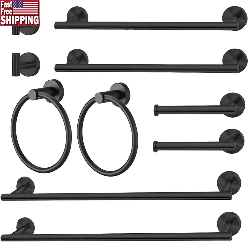 

10Pcs Bathroom Towel Bar Set Includes Towel Hooks Rings Toilet Paper Holder Stainless Steel Durable Waterproof Matte Black