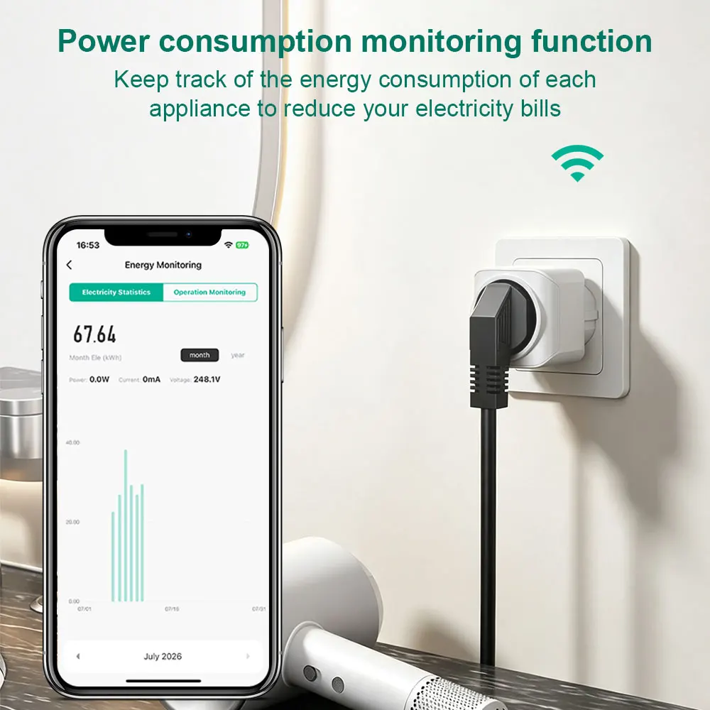 Matter Smart Plug EU 16A Wi-Fi Socket with Power Monitoring, Voice Control via Alexa/Google Home/, Timer & App Remote Control