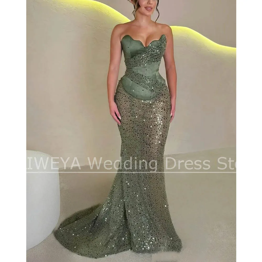 Mode avondjurk met lovertjes, glitter strapless mouwloze zeemeerminjurk, sprankelende chique geplooide sweep trein feestgalajurk