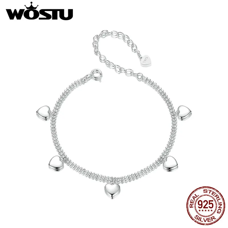 WOSTU 925 Sterling Silver Double Layer Lovers Love Heart Beaded Chain Bracelets For Women Stackable Thick Links Wrist Party Gift