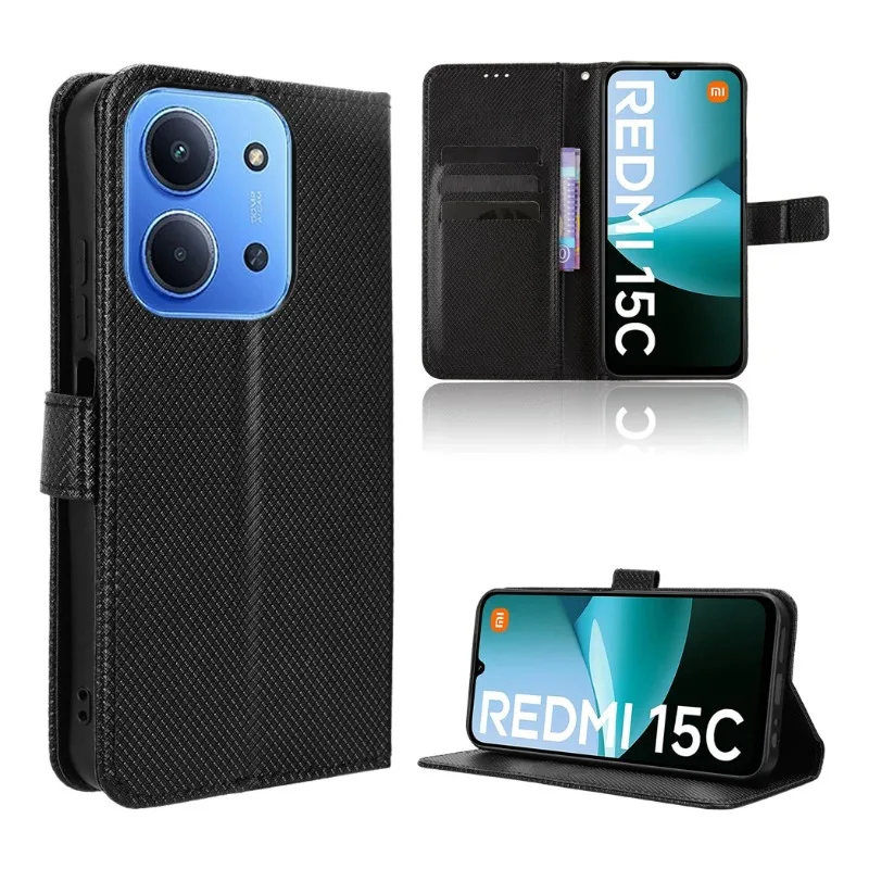 ل Xiaomi Poco C85 محفظة قلابة حالة الماس الحبوب الجلدية المغناطيسي قوس غطاء ل Xiaomi Poco C85 الغلاف