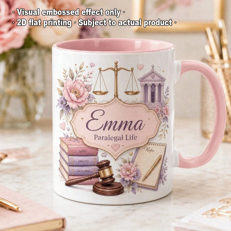 Floral Legal Assistant Custom Name Mug Scale Gavel Book Pattern 2D Printed Gift for Female Legal Professional Lawyer Office Home
