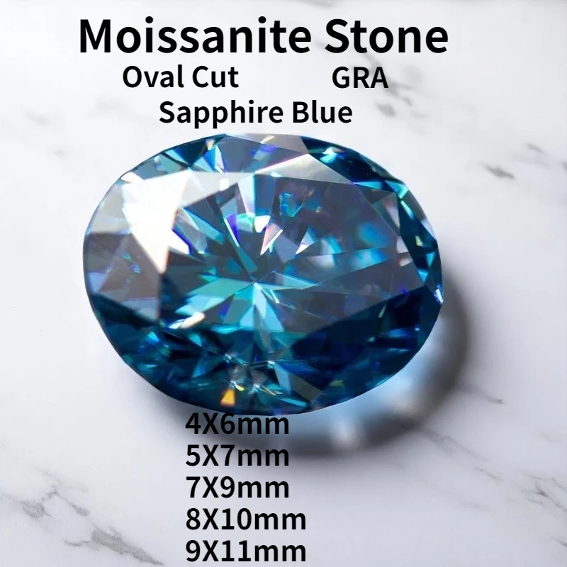 

Sapphire Blue Moissanite Loose Stone Oval Cut Synthetic Lab Grown Gemstone Passed Diamond Tester Comes With GRA Certificate