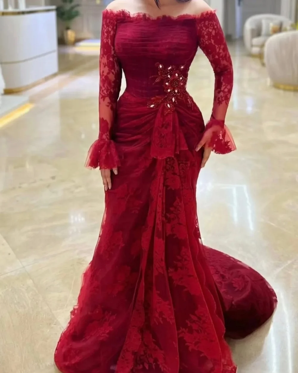 Customized High Quality Intricate Lace Handmade Flower Ruched Mermaid Off-the-shoulder Long Dresses Bespoke Occasion Dresses